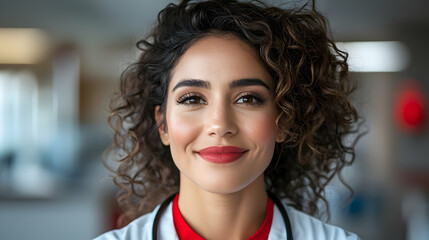 Confident Female Doctor Portrait: Closeup of a Smiling Woman with Curly Hair in a White Coat