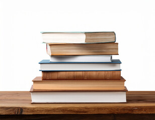 Fototapeta premium wooden table with stacked books white isolated background