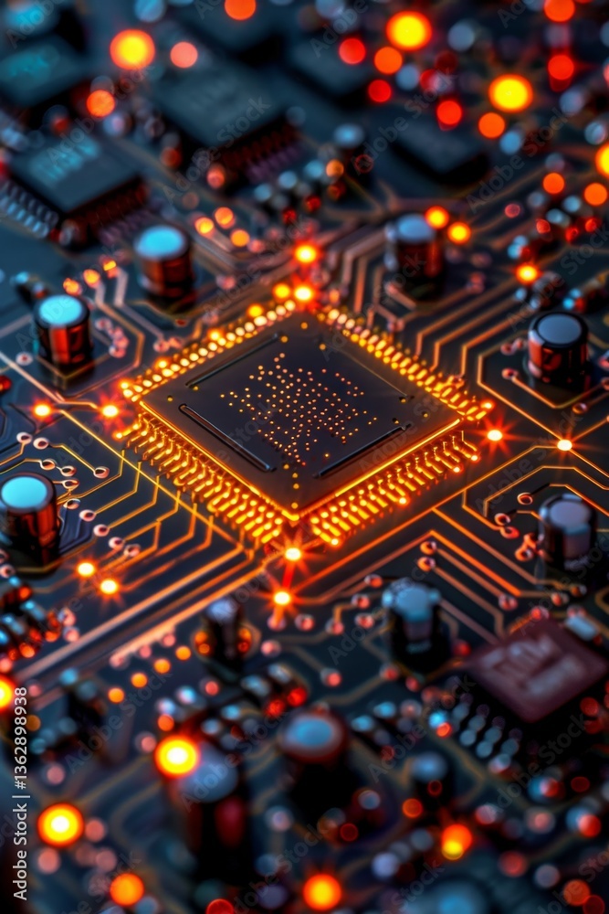 Poster close-up view of quantum computer chip with intricate circuitry and glowing nodes showcasing advance