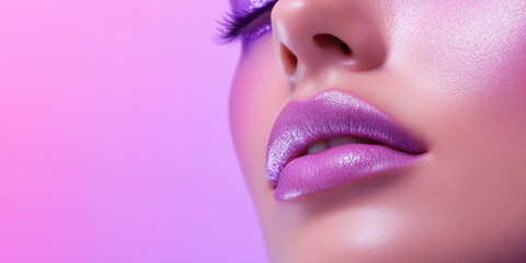 Close up of glamorous lip makeup with metallic purple shine against a vibrant pink background