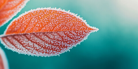 Obraz premium Close-up of frost-covered orange leaf, showcasing intricate texture and delicate frost crystals against a teal background, symbolizing winter, nature, and fragility