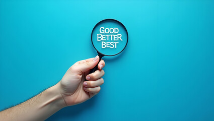 Flat Hand with Magnifying Glass Highlighting 'Best' in Good, Better, Best Sequence on Blue Background - A Simple Vector Illustration Representing Quality Improvement
