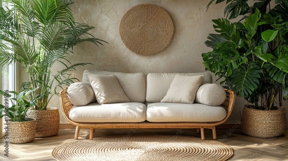 Poster welcoming space filled with vibrant plants showcases a soft, neutral rattan sofa adorned with cushio