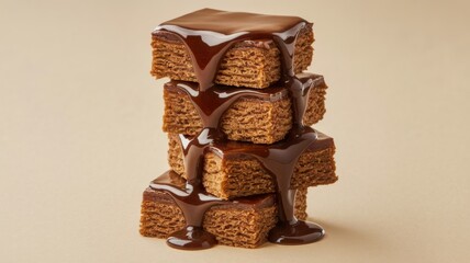 Stack of Caramel Fudge Drizzled with Glossy Sauce Against a Neutral Background