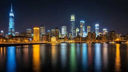 Obraz premium Stunning nighttime cityscape panorama, reflecting in calm waters. Vibrant city lights illuminate modern skyscrapers.