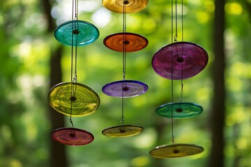 MultiColored Glass Discs Mobile with Thin Chains Hanging, Forest Backdrop, Sunny Day