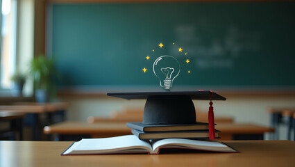 Innovative Learning Concepts: Graduation Cap with Lightbulb on Book - A Symbol of Knowledge in Science, Mathematics, and Technology in Education
