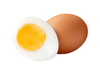 Front view of raw brown chicken egg and cooked or boiled chicken egg with egg yolk in half in small pile isolated with clipping path in png file format