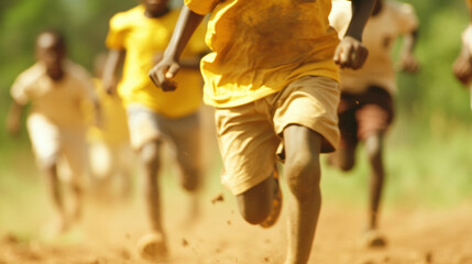 Children running energetically through a dusty rural path in vibrant daylight