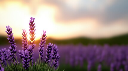 Fototapeta premium Flowers morning mist Concept, Stunning Lavender Flowers in Sunlit Field Under Thick Morning Sky with Dreamy Bokeh Effect
