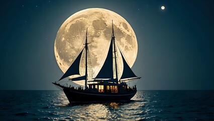 Majestic sailboat silhouetted against a breathtaking full moon, sailing serenely across the dark ocean under a starlit sky.  A truly magical nautical scene.