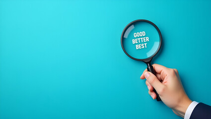 Flat Hand with Magnifying Glass Highlighting 'Best' in Good, Better, Best Sequence on Blue Background - A Simple Vector Illustration Representing Quality Improvement in Business