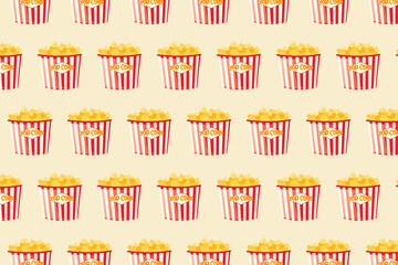 Seamless pattern of classic red and white striped popcorn tubs on a creamy background. Ideal for movie night themes, snack packaging, and retro designs.