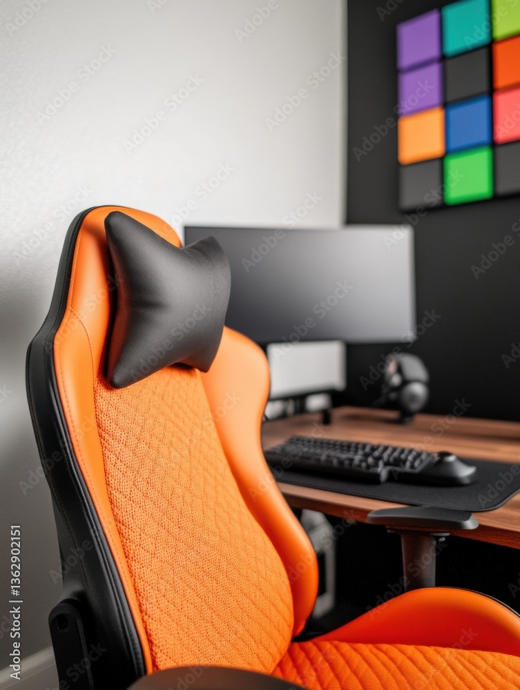 Poster hyper-ergonomic esports command center vibrant orange gaming chair showcasing next-gen performance o