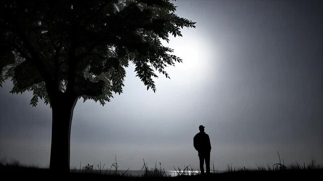 Enlightenment: A bright flash of sunlight illuminates a natural scene consisting of silhouettes of a large tree and a man, possibly symbolizing a way out of a difficult situation in a person's life