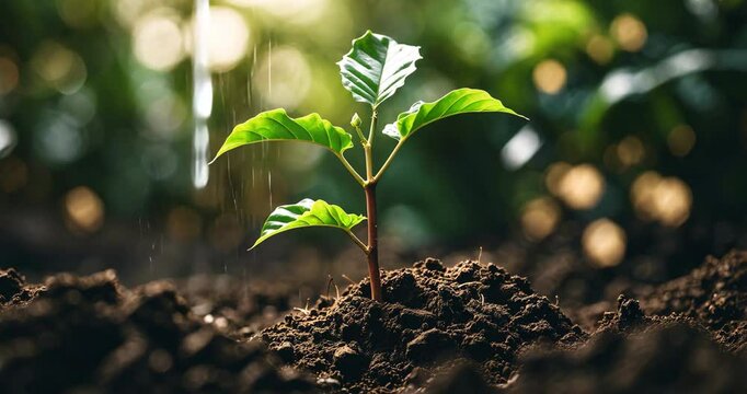 A solitary coffee plant seedling with vibrant green leaves sprouting from rich dark soil.