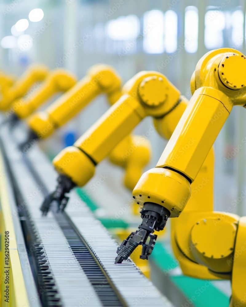 Poster Advanced Robotics Revolution High-Performance Yellow Industrial Automation Systems Transforming Next-Generation Manufacturing Precision and Efficiency