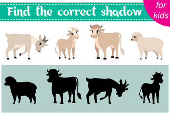 Brainteaser for kids. Farm animals. Goat, calf, cow and sheep. Find the correct shadow. Educational cards. Activity for preschoolers and toddlers.