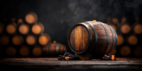 rustic wine maker barrel sits elegantly surrounded by fresh grapes, evoking sense of tradition and craftsmanship