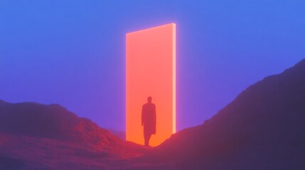 Fototapeta premium Person standing before a glowing portal in a barren landscape