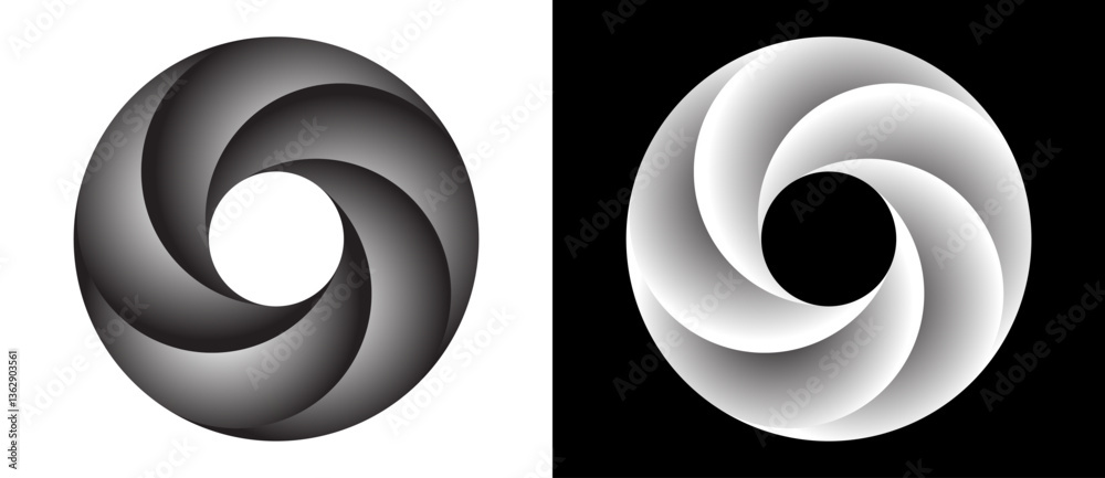 Fototapete Set of circles with lines with gradient. Dynamic design element, icon or logo. One spiral on white background and negative spiral on black background.