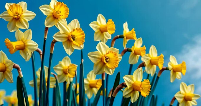 Lovely Cluster of Yellow Daffodils against a blue sky backdrop with room for text