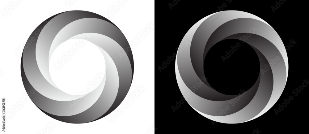 Poster Set of circles with lines with gradient. Dynamic design element, icon or logo. One spiral on white background and negative spiral on black background.