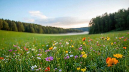 Fototapeta premium Flowers morning mist Concept, Serene Field of Wildflowers Bathed in Soft Morning Light with Lush Green Landscape