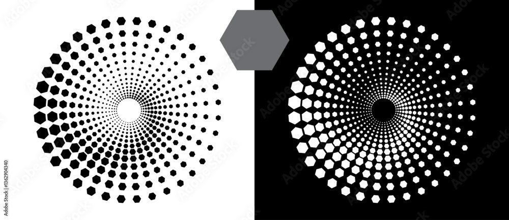 Poster Halftone round as icon or background. Abstract vector circle, spiral with hexagons as logo or emblem. Black shape on a white background and the same white shape on the black side.