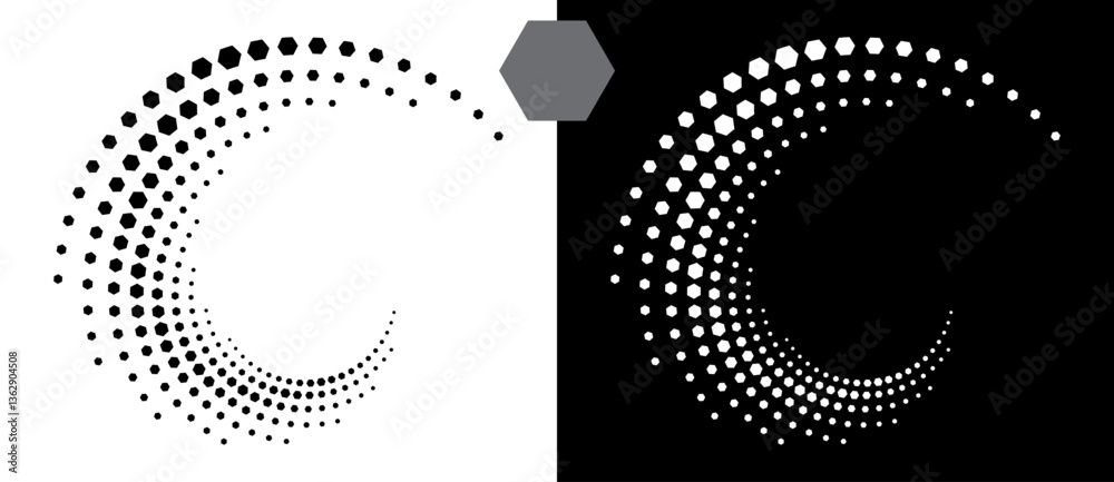 Poster Halftone round as icon or background. Abstract vector circle, spiral with hexagons as logo or emblem. Black shape on a white background and the same white shape on the black side.