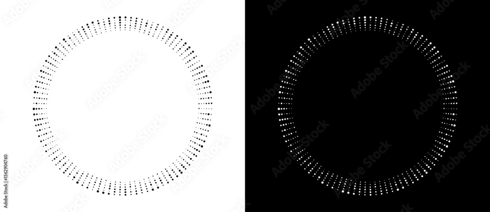 Poster Modern abstract background. Halftone dots in circle form. Round logo, design element or icon. Vector dotted frame. A black figure on a white background and an equally white figure on the black side.