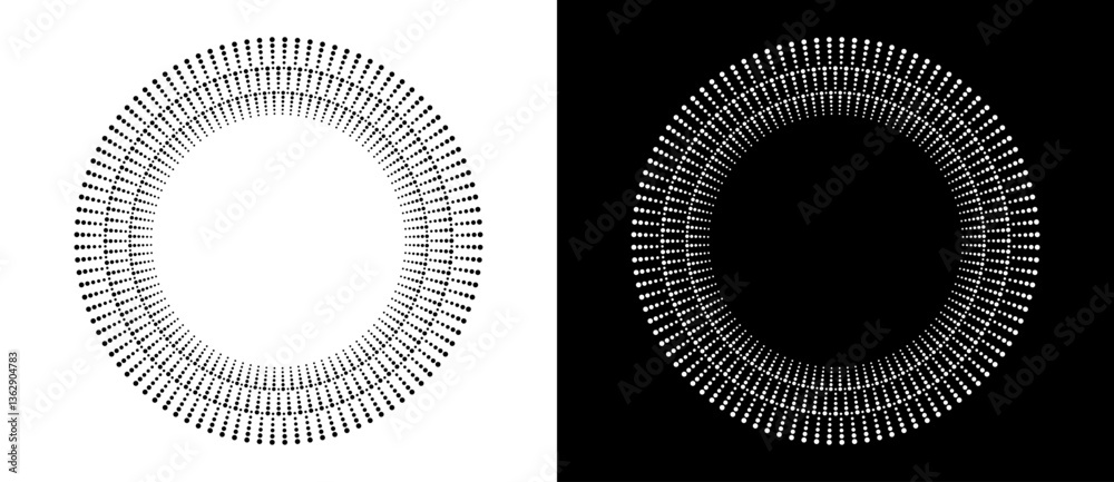Leinwandbilder Modern abstract background. Halftone dots in circle form. Round logo, design element or icon. Vector dotted frame. A black figure on a white background and an equally white figure on the black side.