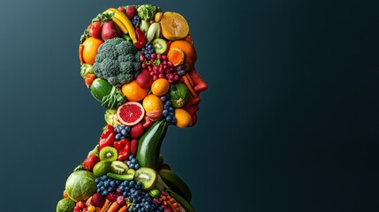 Healthy lifestyle inspiration colorful fruits and vegetables forming a human profile studio environment conceptual art