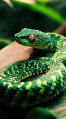 Fototapeta premium vibrant green viper, scary