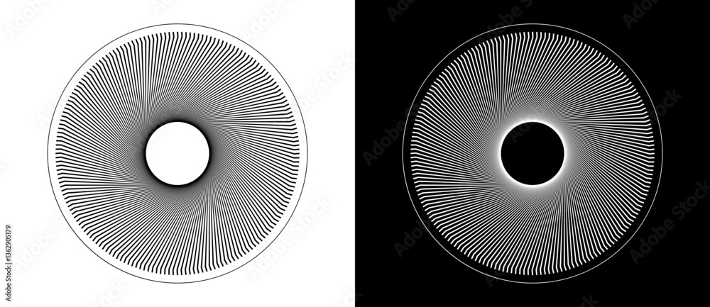Poster Art sun concept background. Design element template or logo with lines. Black shape on a white background and the same white shape on the black side.