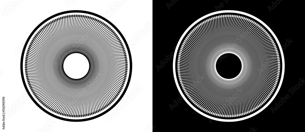 Poster Art sun concept background. Design element template or logo with lines. Black shape on a white background and the same white shape on the black side.