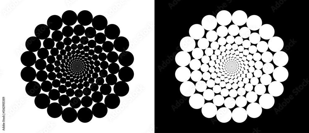 Poster Modern abstract background. Halftone dots in circle form. Round logo, design element or icon. Vector dotted frame. A black figure on a white background and an equally white figure on the black side.