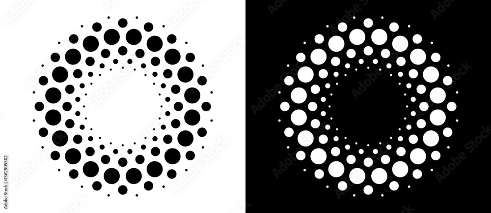 Poster Modern abstract background. Halftone dots in circle form. Round logo, design element or icon. Vector dotted frame. A black figure on a white background and an equally white figure on the black side.