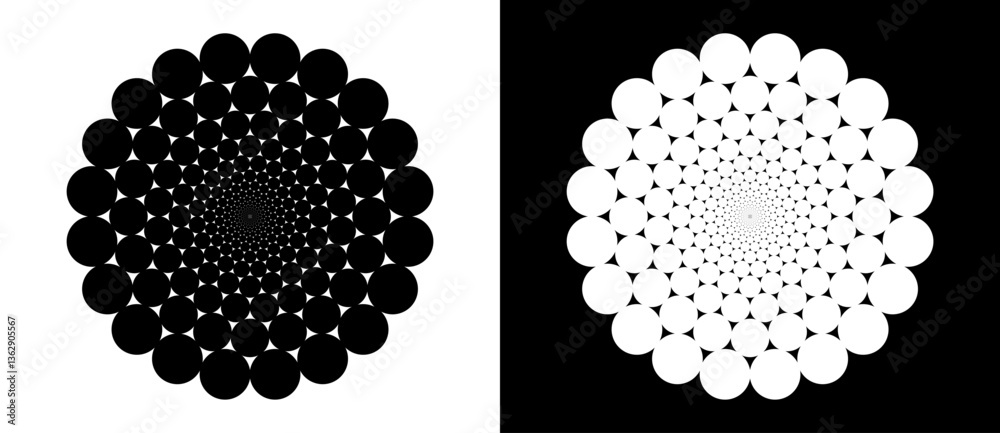 Poster Modern abstract background. Halftone dots in circle form. Round logo, design element or icon. Vector dotted frame. A black figure on a white background and an equally white figure on the black side.