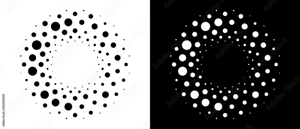 Poster Modern abstract background. Halftone dots in circle form. Round logo, design element or icon. Vector dotted frame. A black figure on a white background and an equally white figure on the black side.