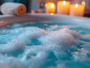 relaxing bubble bath with candlelight