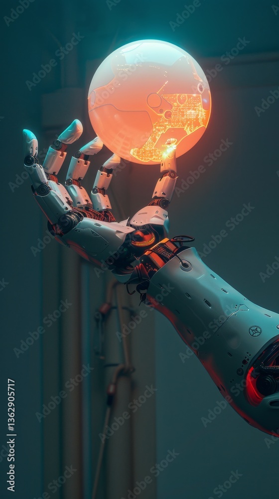 Poster robotic arm extended towards glowing sphere symbolizing advancements in artificial intelligence and 
