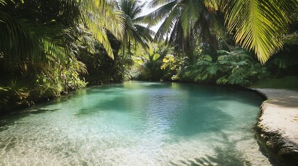 A serene lagoon with crystal-clear waters, swaying palms, and a peaceful tropical vibe