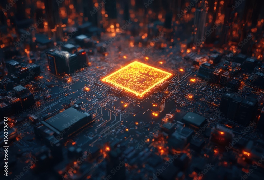 Fototapete A close-up view of a microchip on a printed circuit board