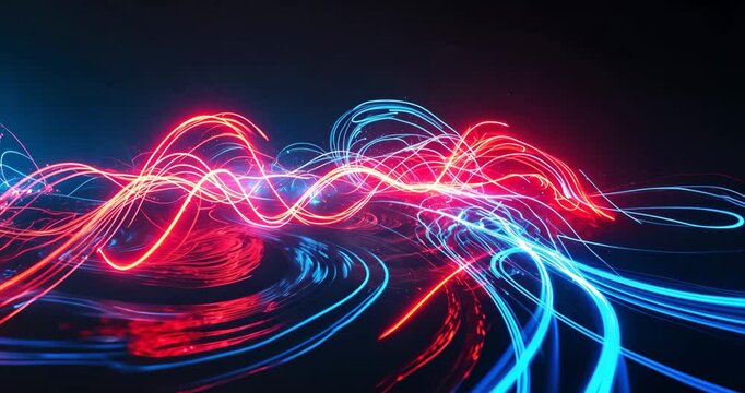 Blue and red light painting photography, long exposure patterns of ripples and waves on a black backdrop. Long exposure light trails.