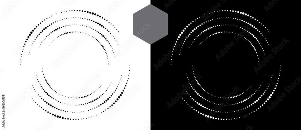 Poster Halftone round as icon or background. Abstract vector circle, spiral with hexagons as logo or emblem. Black shape on a white background and the same white shape on the black side.
