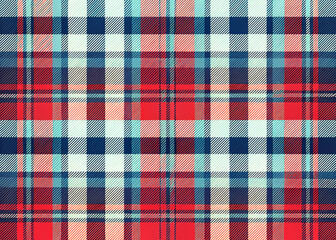 A colorful plaid pattern with blue, red, and white squares