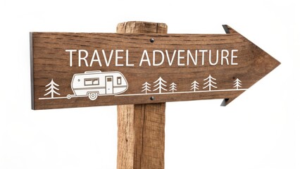 Wooden arrow sign with text Travel Adventure in rustic style on clean white background, brown and white colors, symbolizing outdoor vacation, freedom and exploration