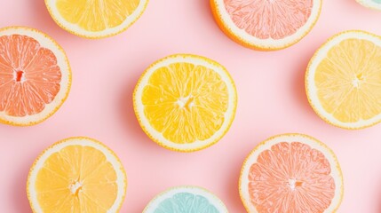 Fototapeta premium Citrus fruit display bright pink background food photography colorful arrangement aesthetic appeal