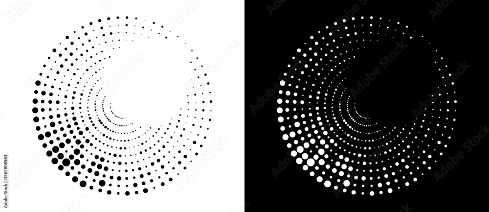 Fototapete Modern abstract background. Halftone dots in circle form. Round logo, design element or icon. Vector dotted frame. A black figure on a white background and an equally white figure on the black side.